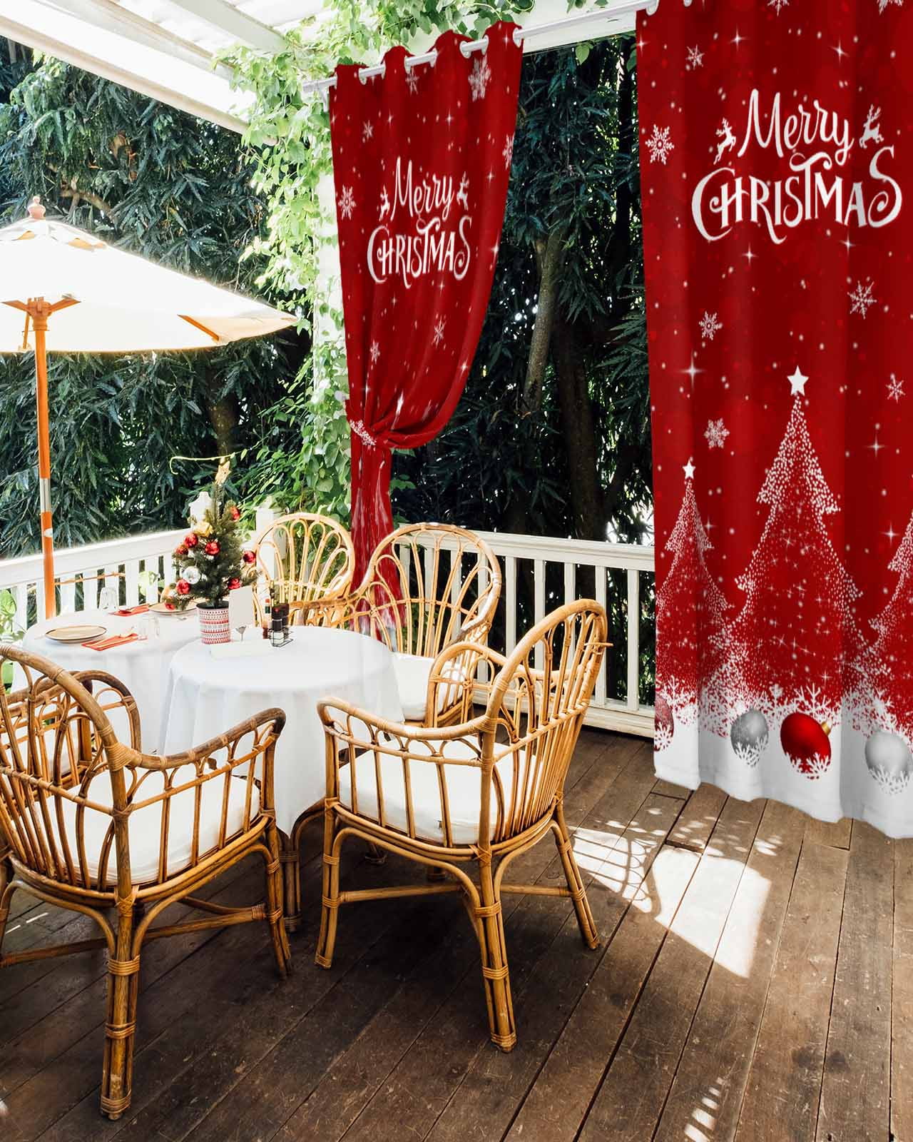Outdoor Curtains for Patio, Red Christmas Tree Waterproof Blackout Outside Curtain for Porch/Pergola/Gazebo, Balls Xmas Snowflake Thermal Insulated Drapes for Cabana, 2 Panels, 54 x 95 Inch