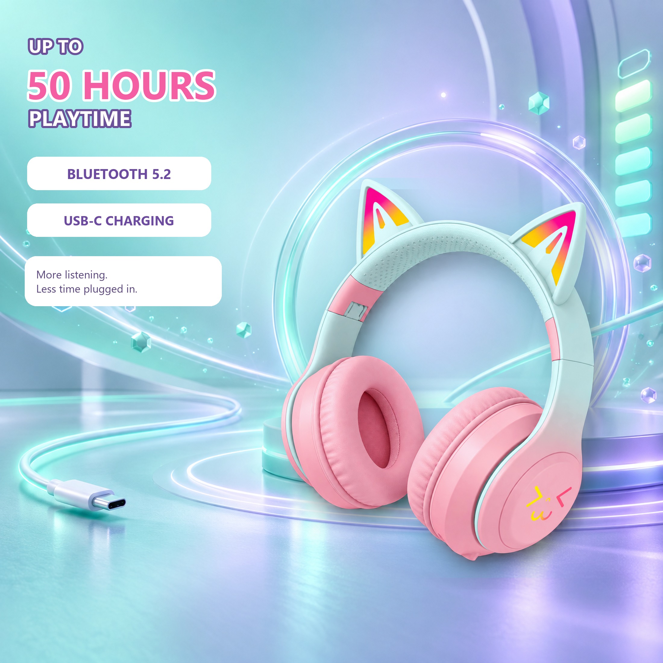 Hoey Cat Ear Kids Bluetooth Headphones, Pink photo 3