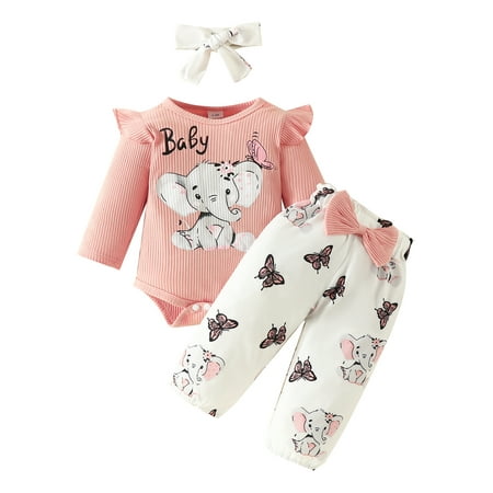 

Qtinghua 3Pcs Newborn Infant Baby Girls Fall Outfits Long Sleeve Elephant Print Romper+Bow Pants+Headband Outfits Pink 9-12 Months