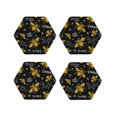

Junzan Hohey Bee Golden Embroidery Print Coasters for Drinks - Leather Coasters Set of 4 for Coffee Table for Housewarming/Kitchen/Bar/Decor-Hexagon