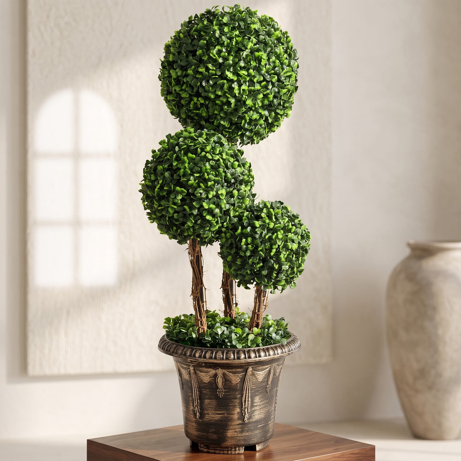 ALPULON 30 Inch Artificial Topiary Triple Ball Tree, Faux Boxwood Potted Plant with Cement Base, UV Protected Indoor Outdoor Decor for Front Porch Entryway Patio, Green