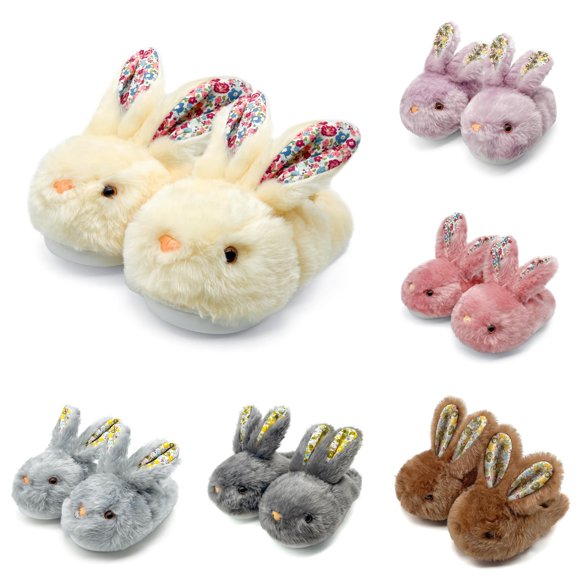Gyujnb Kids Closed Back Slippers 3D Long Ear Cartoon Rabbit Fuzzy Plush Floral Ear Lined Non Thick Sole Warm Winter Indoor Outdoor Unisex Comfort Household Footwear,10-10.5 Years