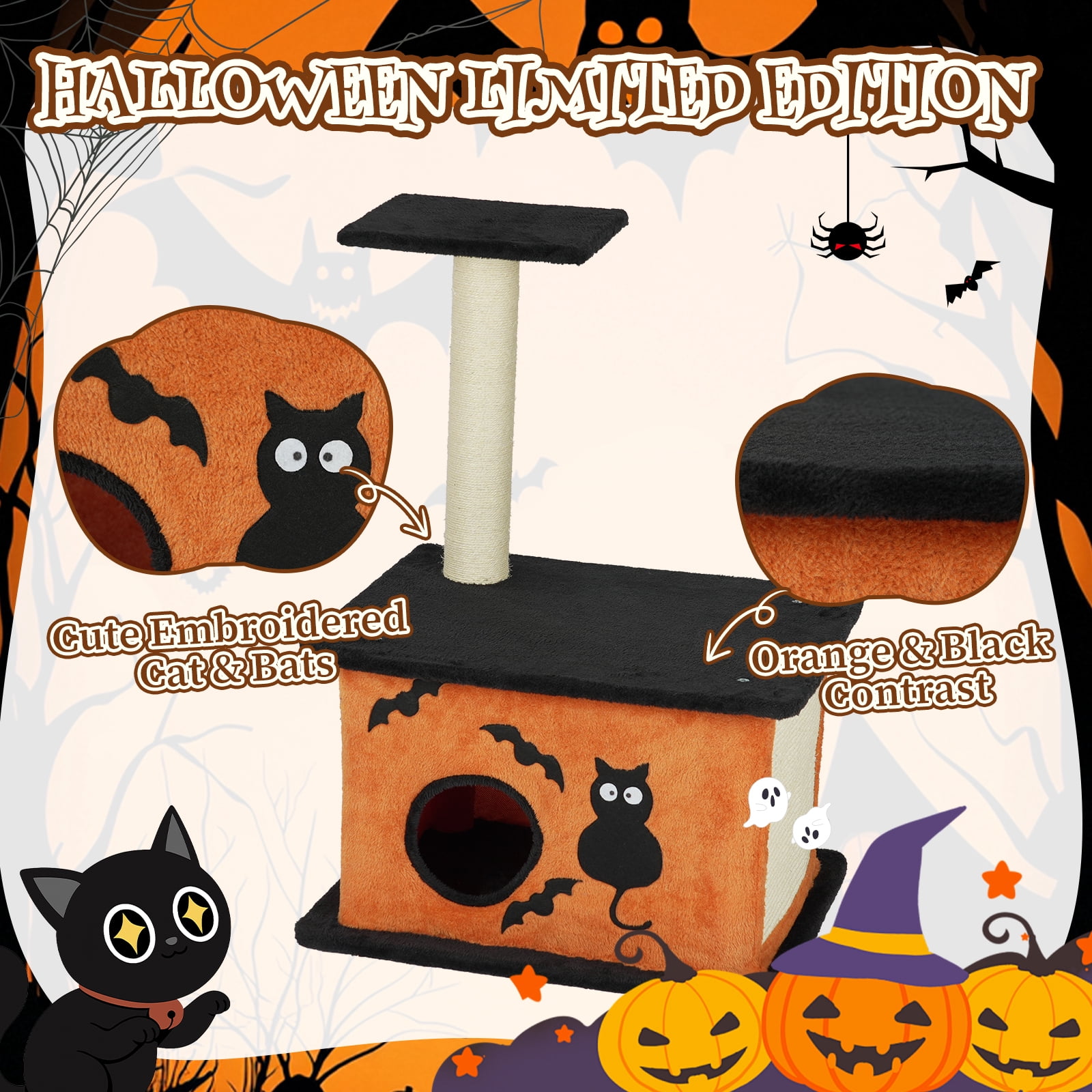 Zimtown Halloween Themed Cat Tree, Two-Level Scary Face Tower for Indoor Cats, Black & Orange