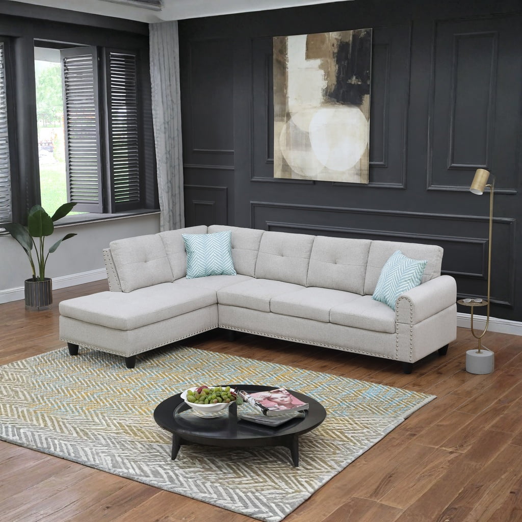 Hommoo L-Shaped Upholstered Sectional Sofa Couch with Storage & Cup Holders, Linen Living Room Sofa Set, No Ottoman, Light Gray