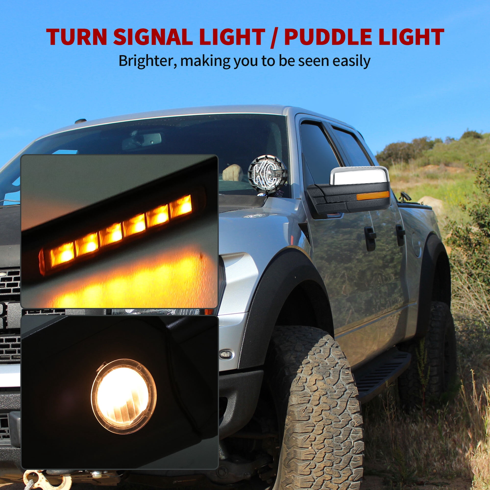 LEDKINGDOMUS FTowing Mirrors Set For Ford F150 2007 2008 2009 2010 2011 2012 2013 2014 Power Heated Driver Passenger Side Replacement Turn Signal Puddle Light Chrome
