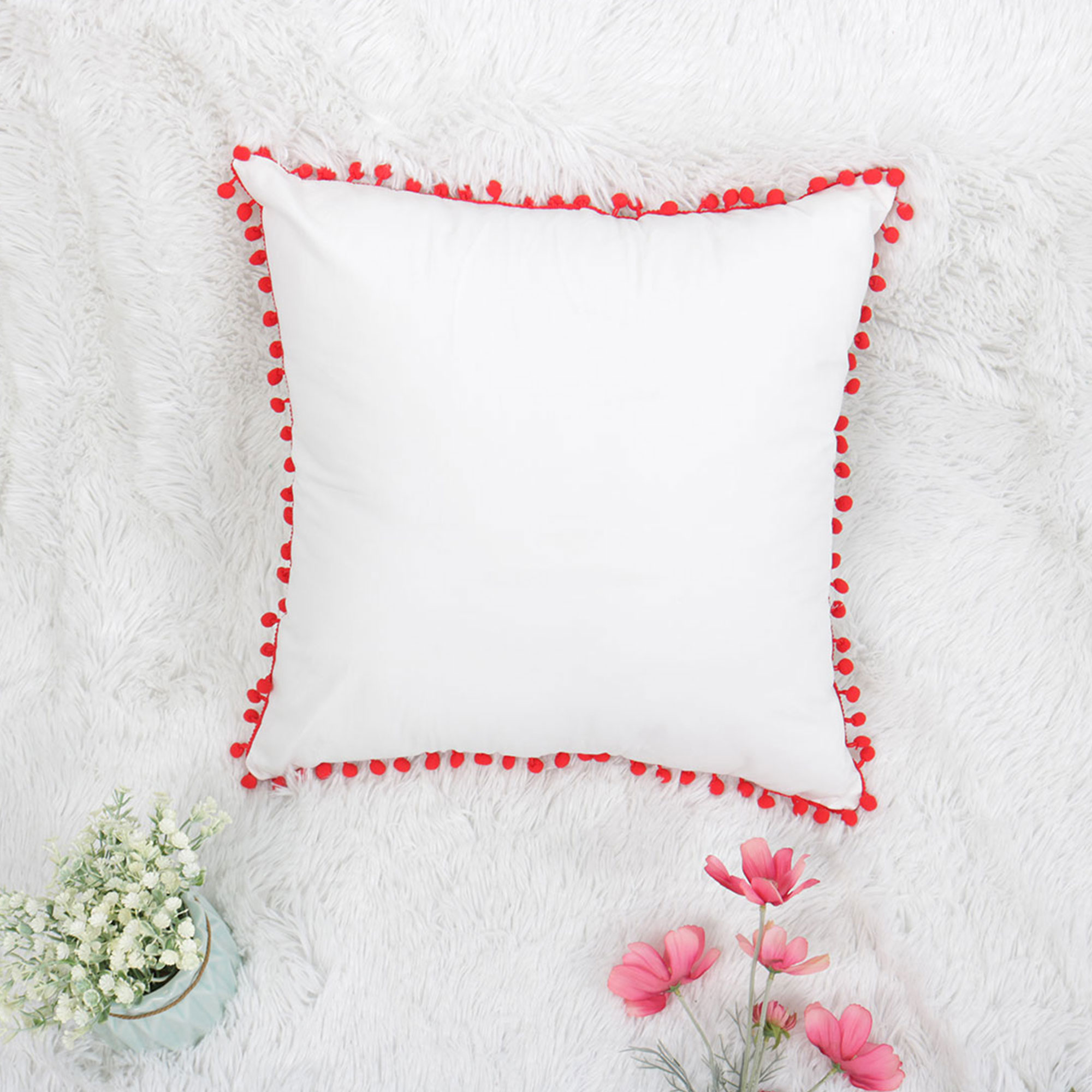 Square Decorative Throw Pillow Cover with Pompoms Soft Velvet Outdoor
