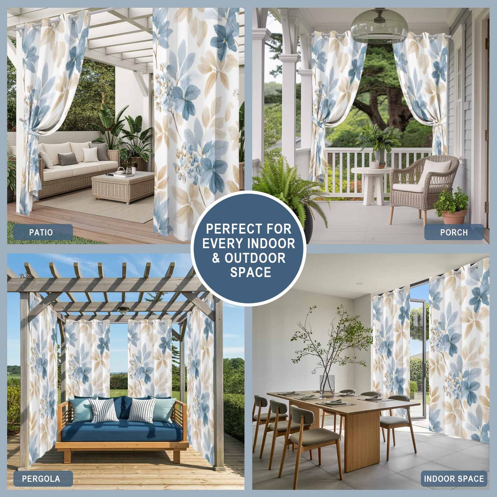 Gray Blue Brown Leaves Outdoor Curtains for Patio, Watercolor Botanical Floral Sunshade Privacy Drapes Grommet Waterproof Outside Curtains for Porch/Cabana/Balcony 54"x 108", 1 Panel