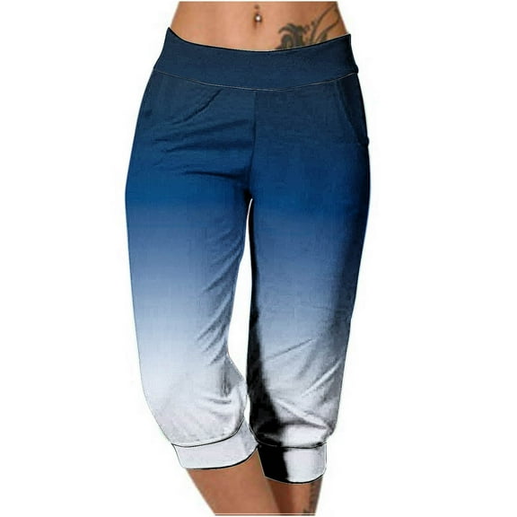 CLOISE Womens Capri Pants Athletic With Pockets Workout Capris Lounge Joggers Pull On Elastic Waist Sweatpants Athletic Cropped Pants Soft Stretchy Yoga Capris Gradient Color Blue