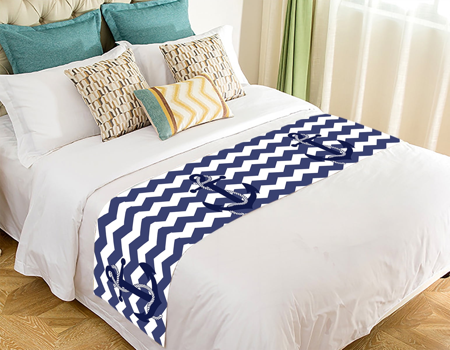 GCKG Chevron Bed Runner,Amazing Chevron Anchor With Navy Blue Chevron