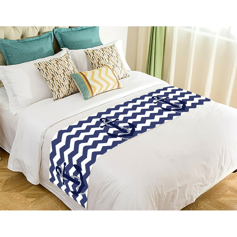 GCKG Chevron Bed Runner,Amazing Chevron Anchor With Navy Blue Chevron