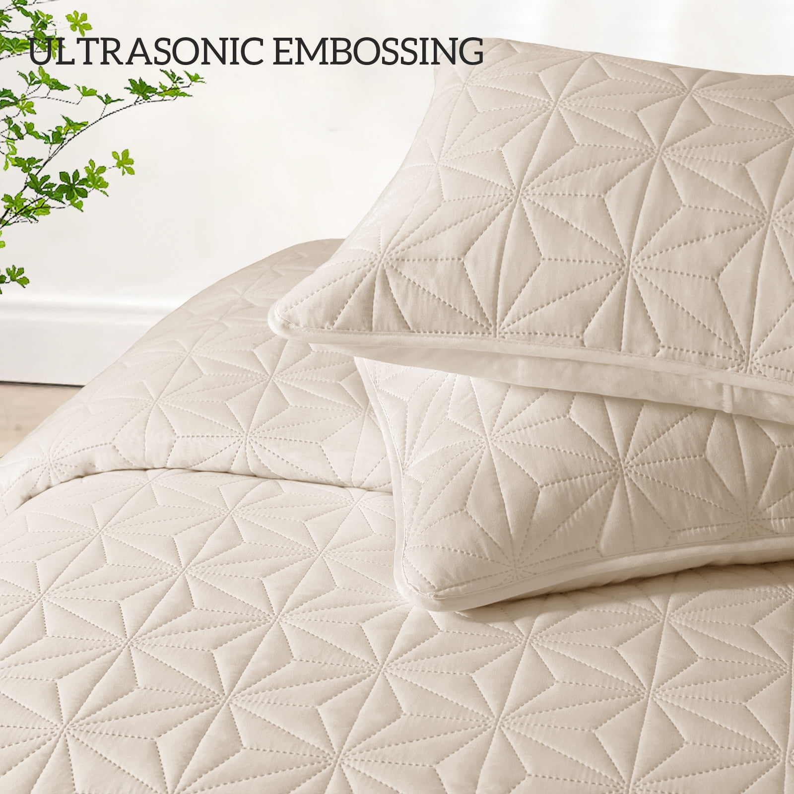 Whale Flotilla Microfiber King Size 96"x 104" Quilt Set Lightweight Quilted Bedspreads Coverlets Set with Stars Pattern, Brich Beige