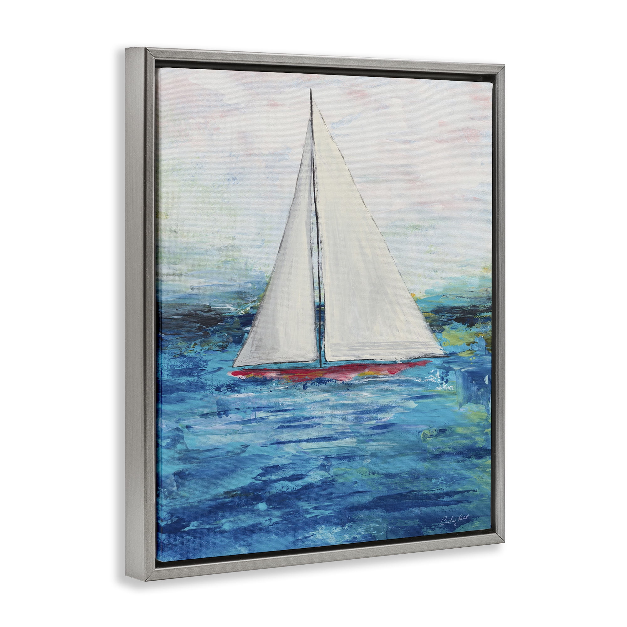 Stupell Industries Boat Setting Sail Coastal Painting Gray Floater Framed Canvas Art Print Wall Art, 25 x 31