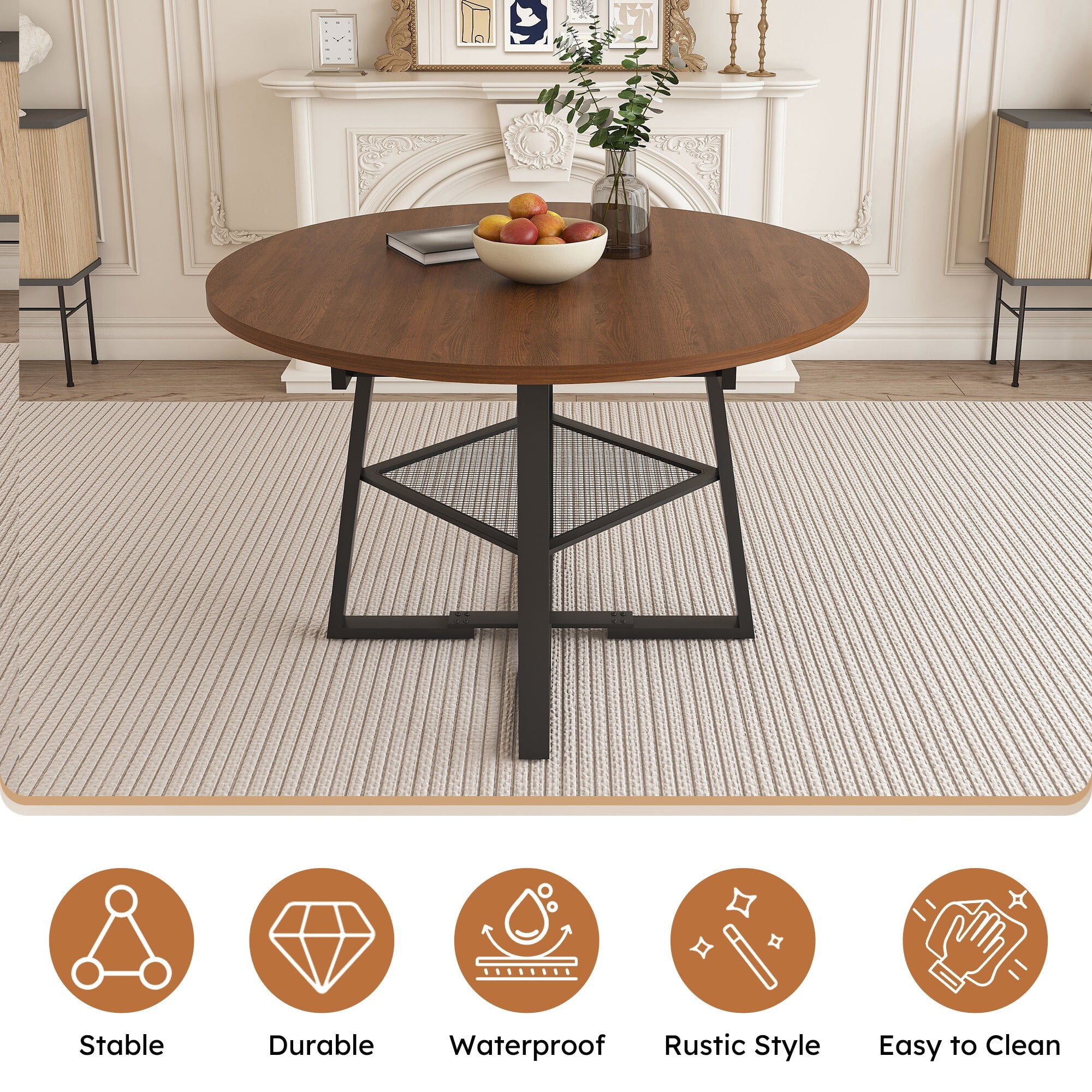 AENKYO 47-59" Extendable Round Dining Table for 4-8 People, Kitchen Table with Metal Storage Shelf, Walnut
