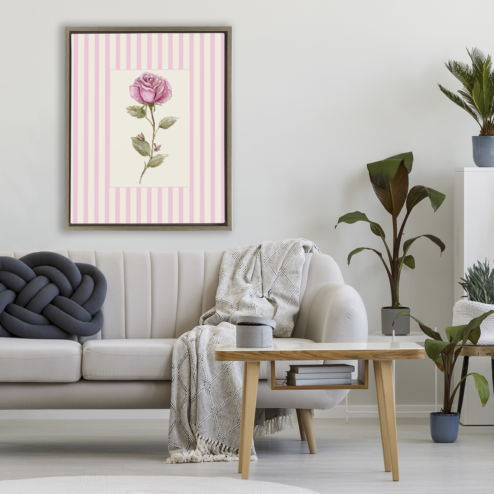 Pink Stripe Rose Brown Framed Floater Canvas Wall Art, design by Lisa Wehmeyer