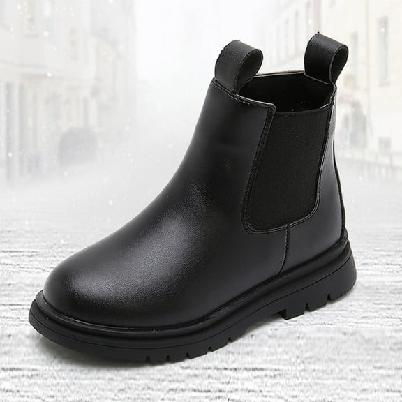 Xfvqtps Girls Chelsea Boots Plush Lined Winter Warm Side Zipper Elastic Ankle High Leather Fashion Martin Boots Black
