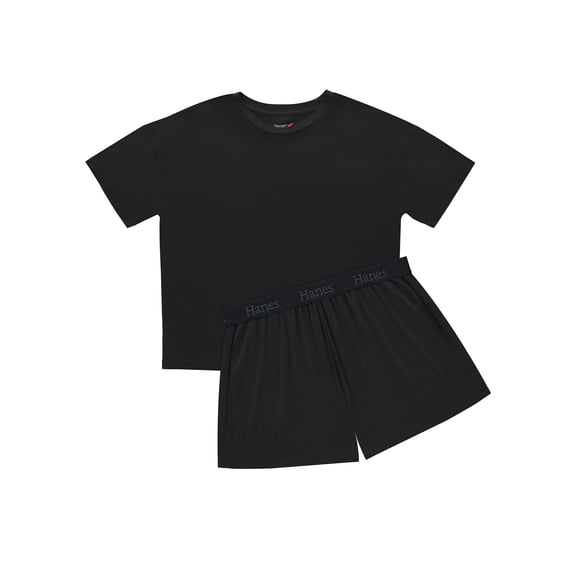 Hanes Originals 2 Piece Lounge Set, Comfywear SuperSoft Boxy T-Shirt & Sleep Shorts Loungewear Black/Black L Women's