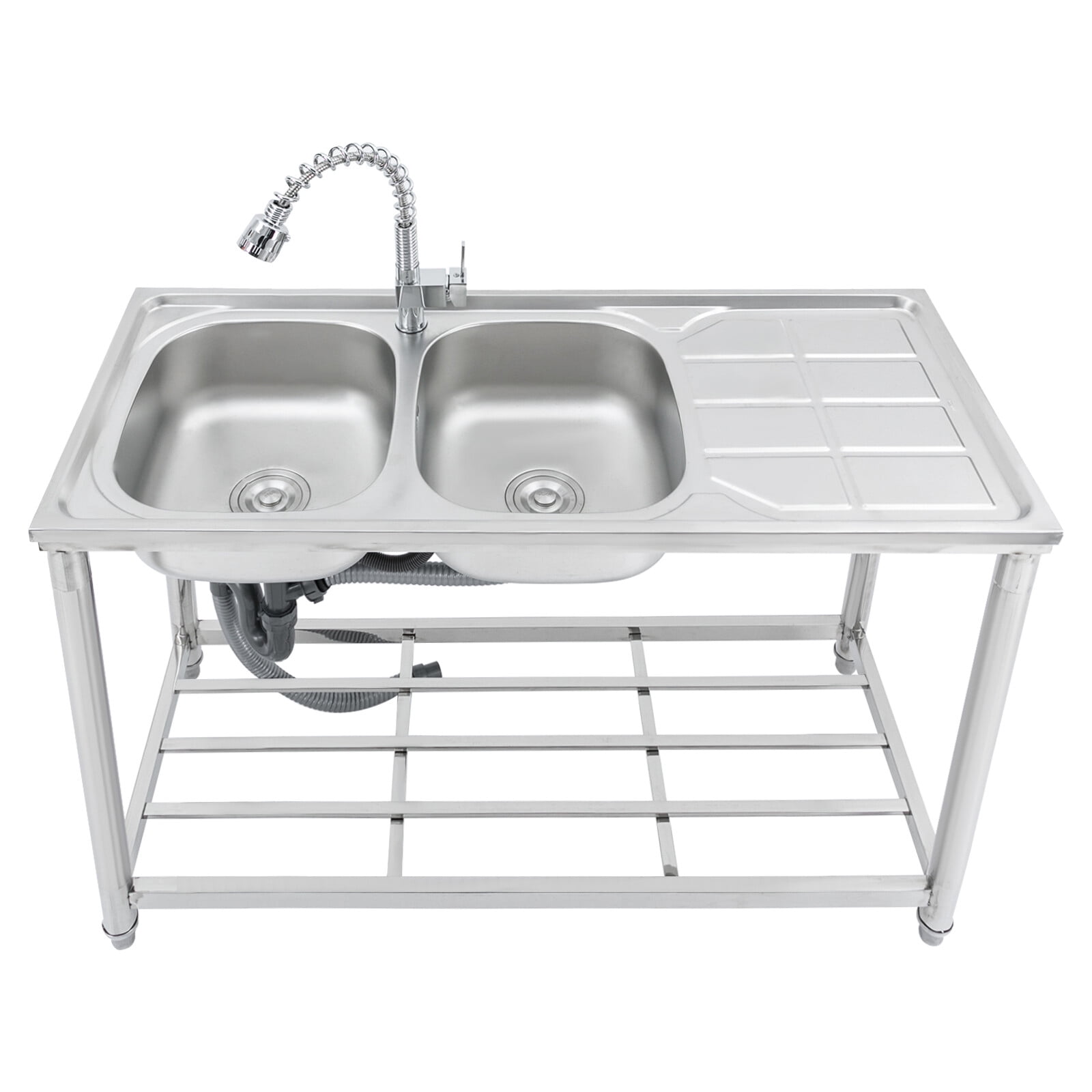 201 Stainless Steel Kitchen Sink, 2-Bowl Design with Pull-Out Spray Faucet, 220LBS Capacity, Free Standing for Home, Commercial.