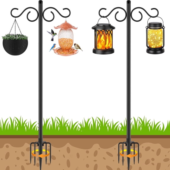 Double Shepherds Hooks for Outdoor,2 Pack 90 Inch Bird Feeder Pole with 5 Prongs Base,Heavy Duty Shepherds Hook,Suitable for Garden in Hanging Flower Basket,Lantern,Bird Nests (90 Inch)