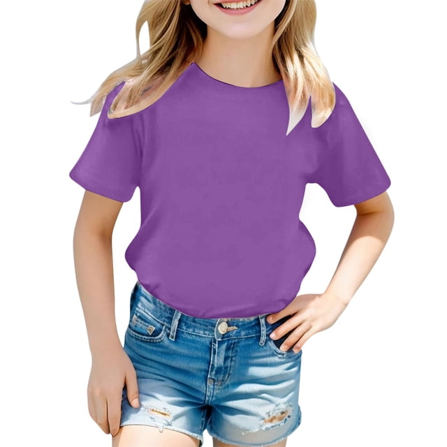Hauts Décontractés Basiques pour Filles Couleur Unie Col Rond Manches Courtes T-Shirts de Mode pour Enfants