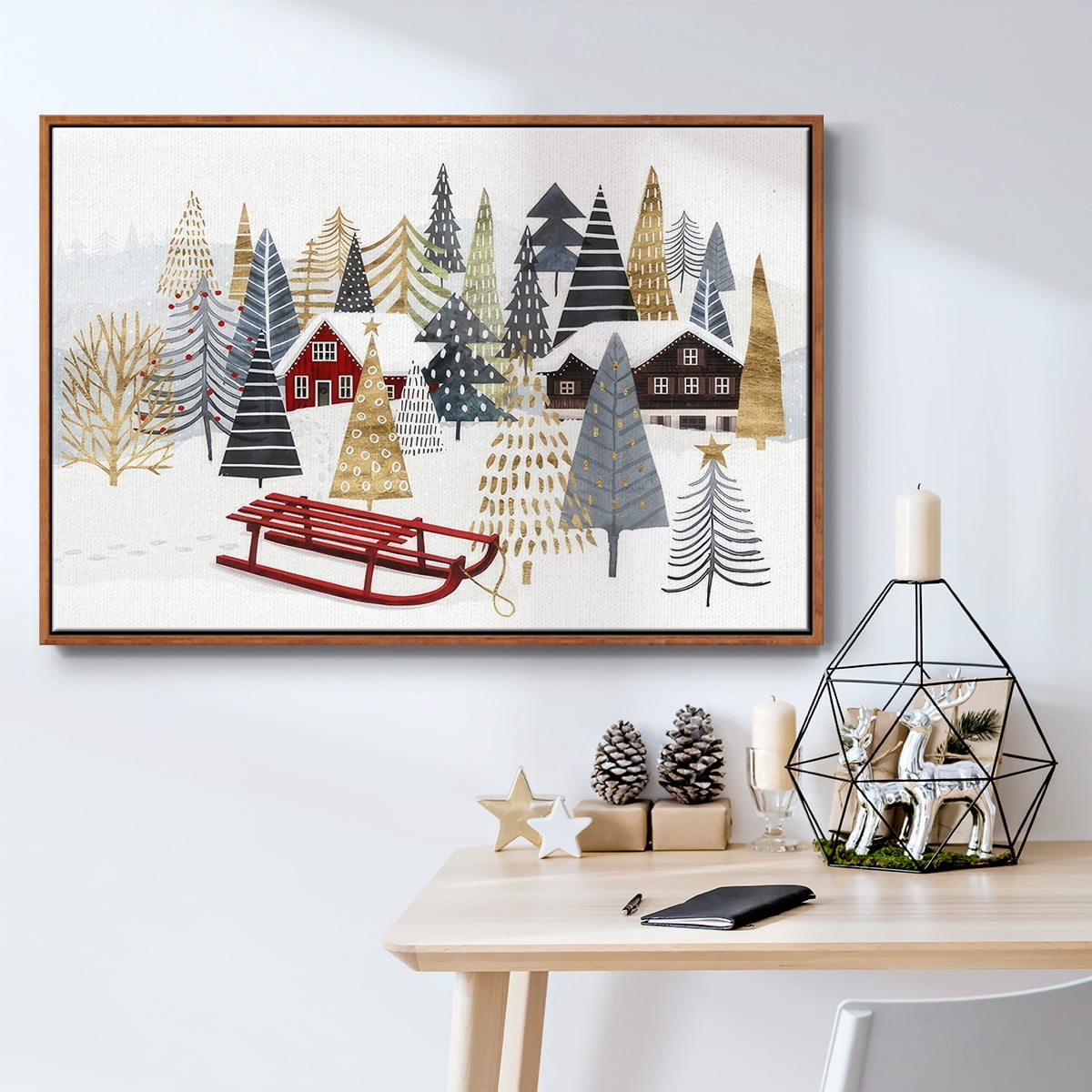Christmas Chalet Collection A - Framed Gallery Wrapped Holiday Canvas - 17 x 25 - Rosewood Frame