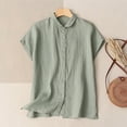 thumbnail image 2 of Linen Shirt for Women Short Sleeve Casual Loose Button down T-Shirt Lapel Neck Summer Beach Tops,Green,3XL, 2 of 4