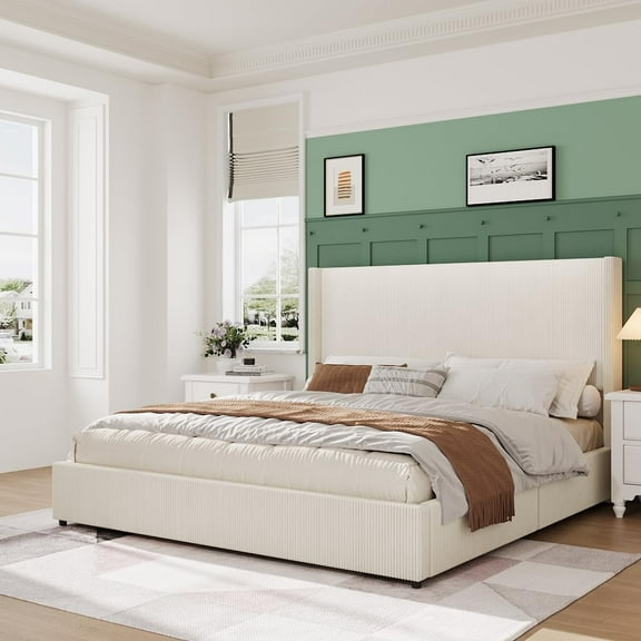 Queen Size Upholstered Platform Bed Frame with Storage Drawers, Corduroy Wingback, Tufted Headboard & Footboard, No Box Spring Needed, Beige