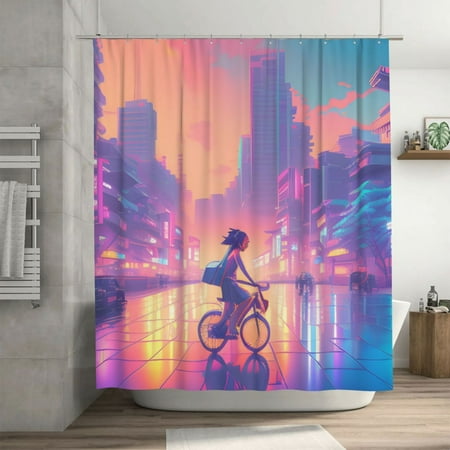 Fantasy Riding Bicycle Girl Pattern Shower Curtain, Cyberpunk Waterproof Bath Curtains for Bathroom Decorations, 72 x 72 inches