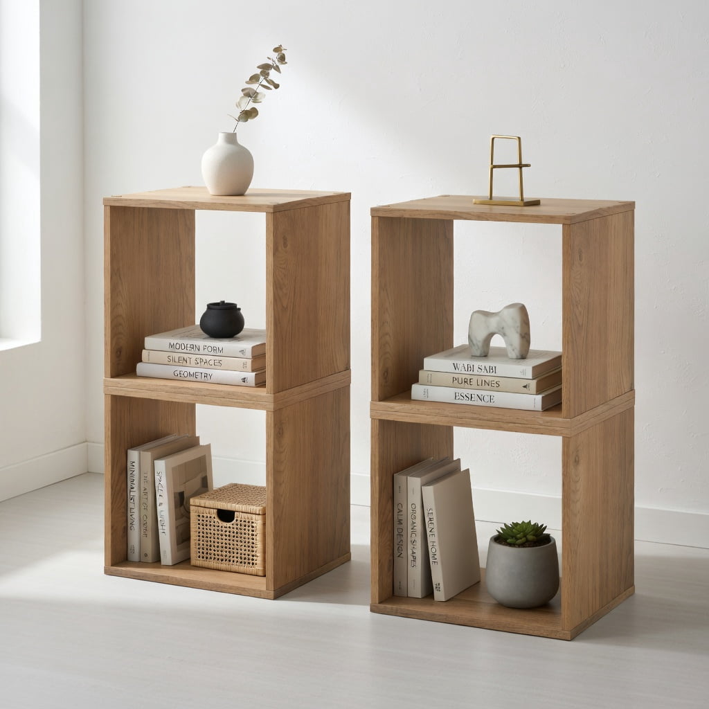 Demi Bonn 2-Tier Cubes Stackable Bookcase for Living Room and Study, Freestanding Display Shelf Bookshelf, Beige