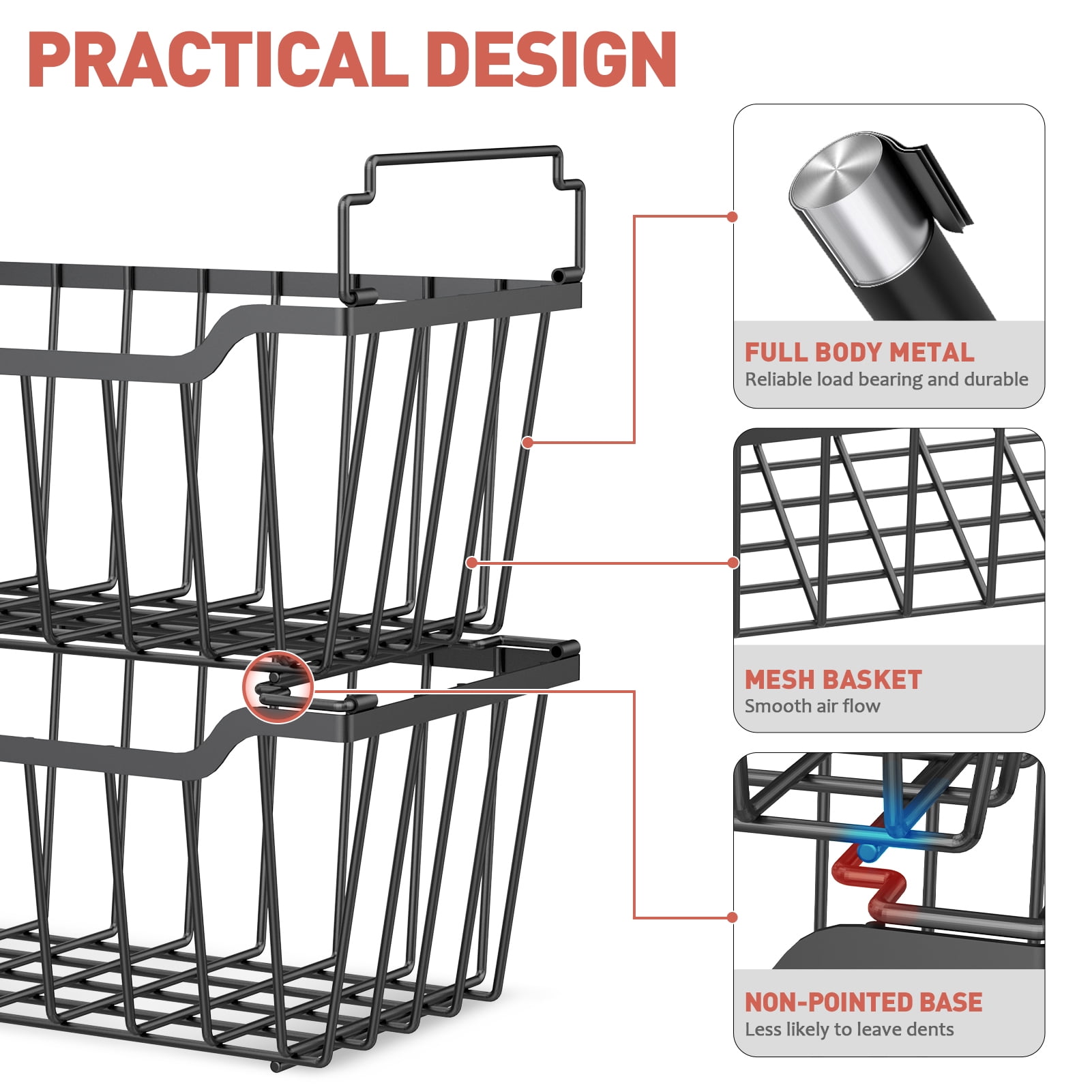 SUNALLY Freezer Organizer Bins 4 Pack, Stackable Freezer Baskets with Foldable Handle for 3.5-7 Cu.FT Deep Chest Freezer Organization, Coated Metal Storage Bins Black