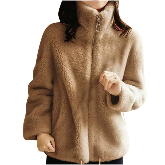 Fesfesfes Women Flannel Jacket Coral Velvet Zipper Sweater, Plush Thickened Fall And Winter New Double-sided Velvet Warm High Collar Coat On Sale