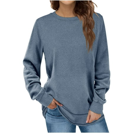 

QIPOPIQ Shirts for Women ClearanceWomen s Fashion Autumn Winter Solid Round-Neck Pullover Long Sleeve Tops
