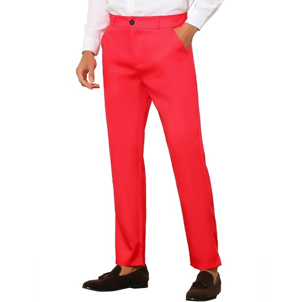 Pantalones de vestir ajustados para hombre Pantalones de negocios ajustados de color liso con frente plano Rojo S