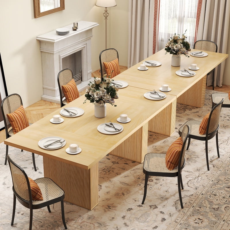 Hawsaiy 78" Rectangular Farmhouse Dining Table for 6–8, Large Kitchen Table with Grooved Wood Base, Thick Waterproof Top for Dining Room, Natural