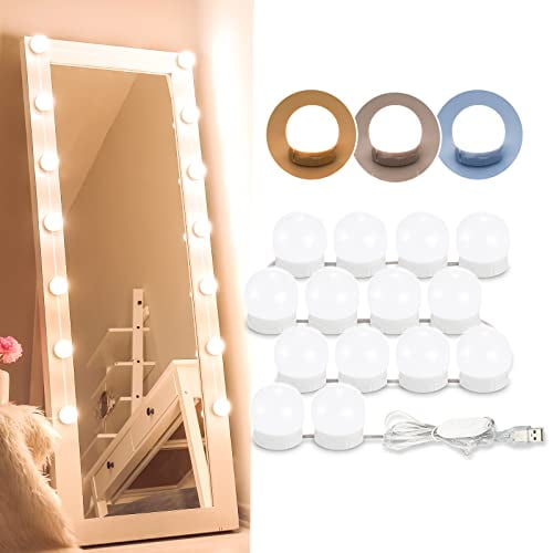 LED Vanity Lights For Mirror,Hollywood Style Lights With 14 Dimmable Bulbs,Adjustable Color & Brightness,USB Cable,Mirror Lights Stick on for Makeup Table Dressing Room Mirror,White