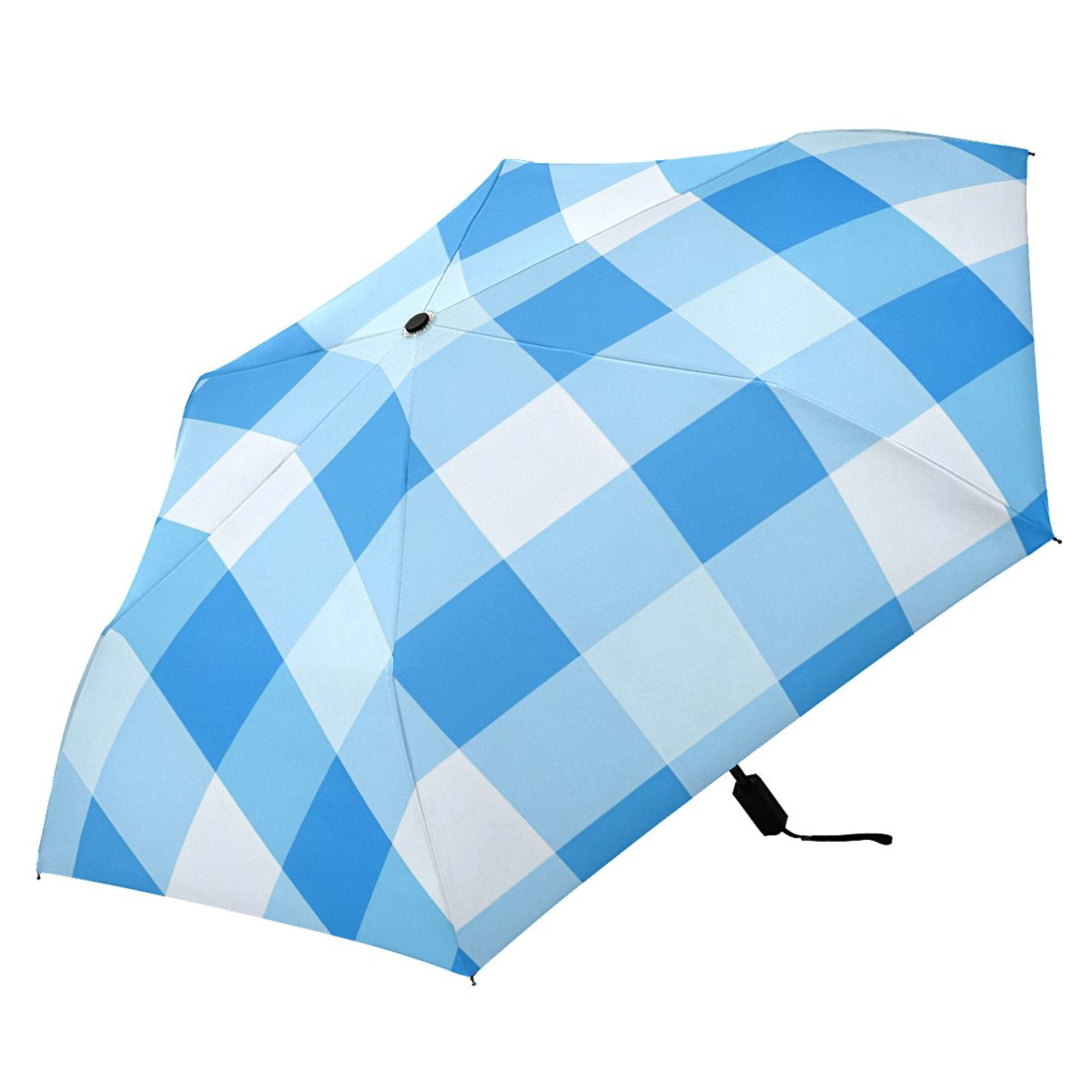ALAZA Blue Geometric Checkered Grid Pattern UPF 50+ Compact Folding Umbrella for Rain Travel Umbrella Packable