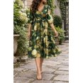 thumbnail image 2 of Plus Size Green & Gold Metallic Print Midi Dress, Wrap V-Neck 3/4 Sleeve A-Line Dress with Waist Tie & Pockets, 2 of 5