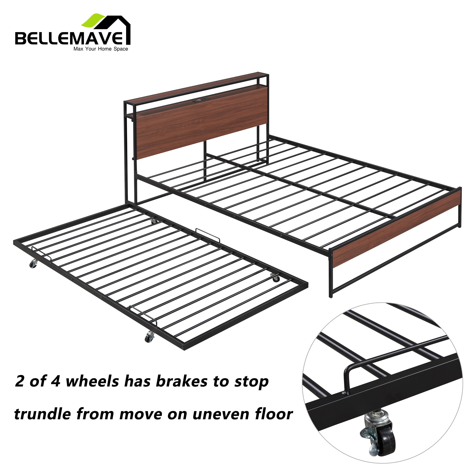 Bellemave Queen Platform Bed Frame with Twin Size Trundle, Usb Ports and Storage Shelf, Metal Queen Bed Frame with Headboard, Noise-Free, No Box Spring Needed(Black)