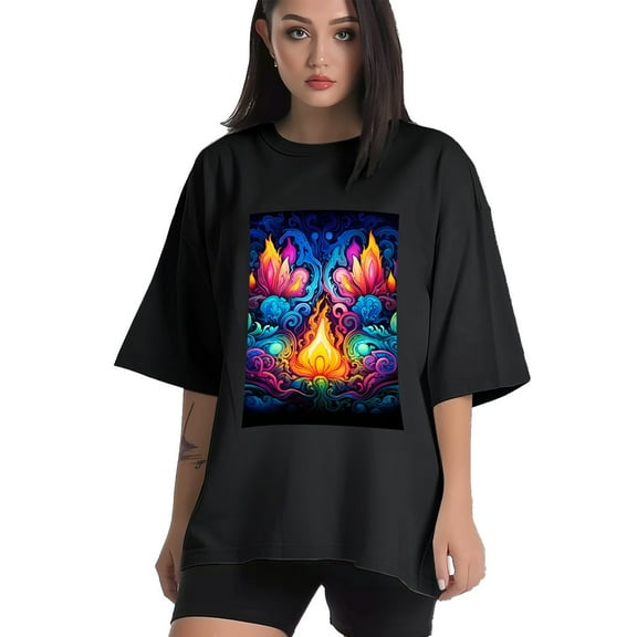 Plus Size Shirt for Women Black Tops for Women Short Sleeves Shirt for Women Neon Psychedelic Abstract1 T Shirt Crewneck Shirt for Women XS