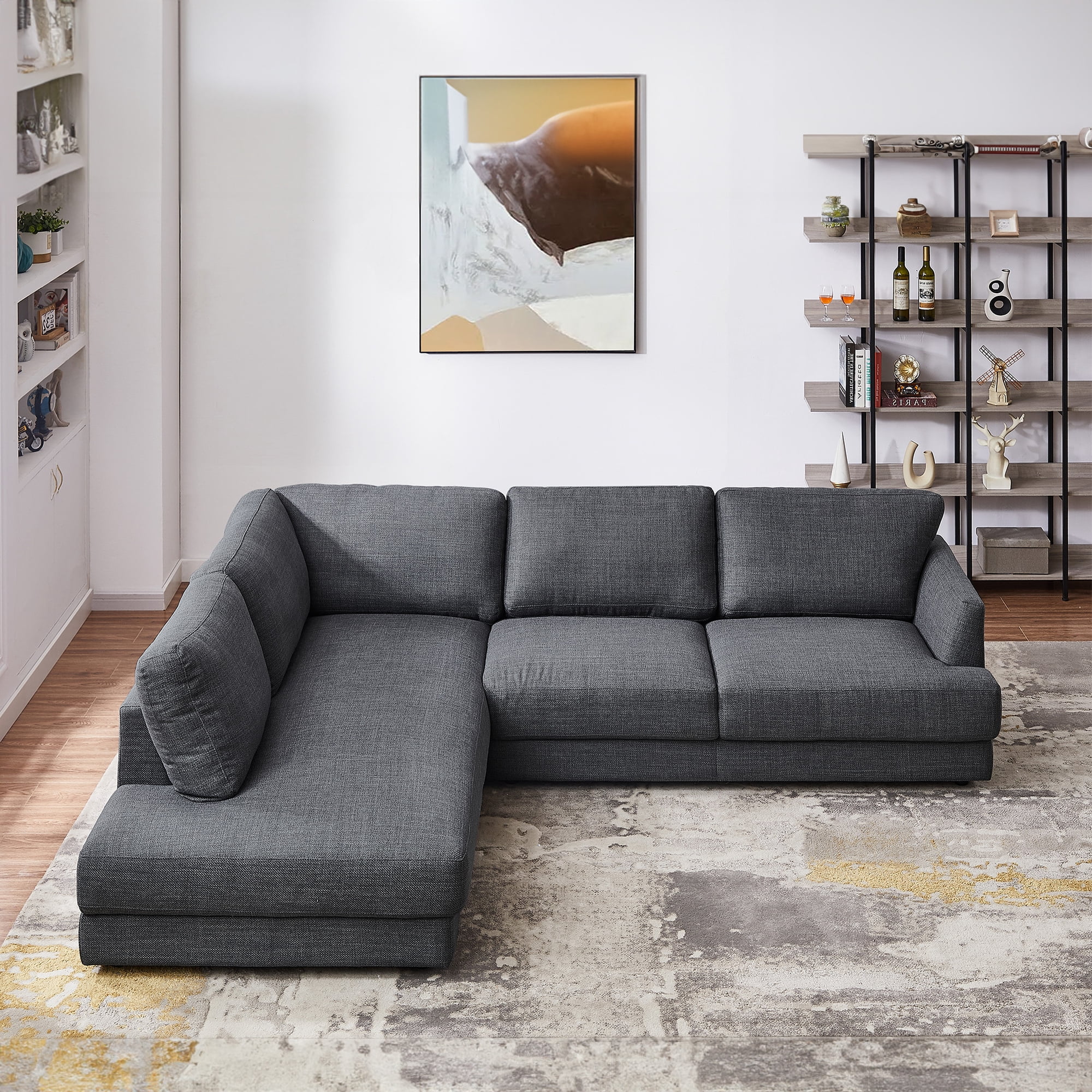 Ashcroft Furniture Linen Sectional Sofa with Pillow Back - L-Shaped 4-Seat Living Room Couch Grey Mid-Century Modern Design