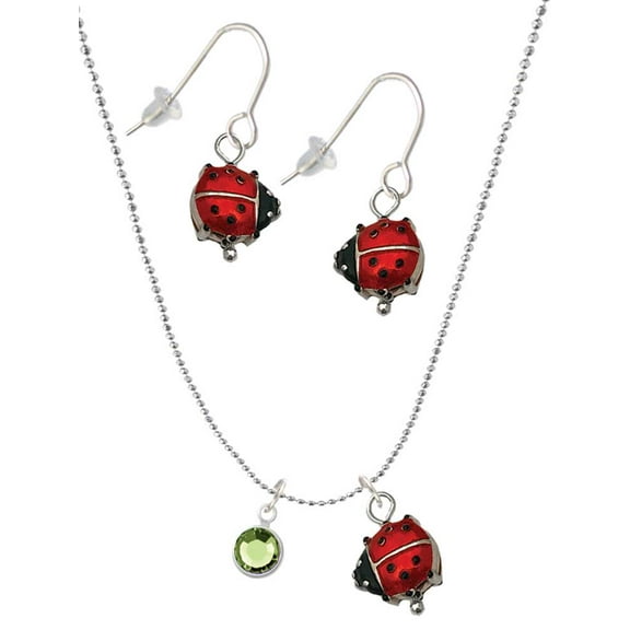 Delight Jewelry Crystal Lime Green Channel Drop Red Lucky Ladybug Necklace and Dangle Earrings Set