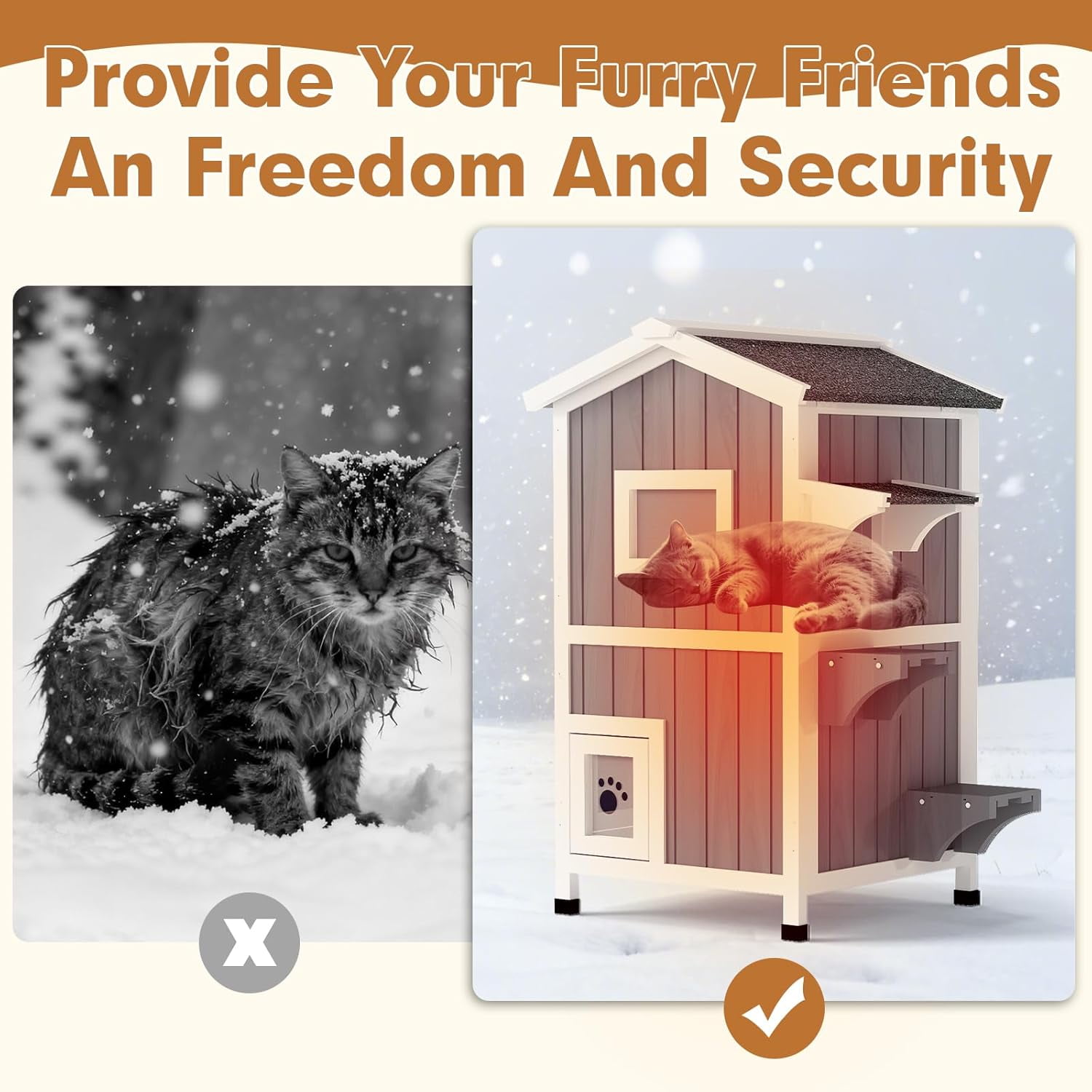 Gowoodhut Insulated Outdoor Cat House with  2 Story Weatherproof Elevated Outside Cat Shelter