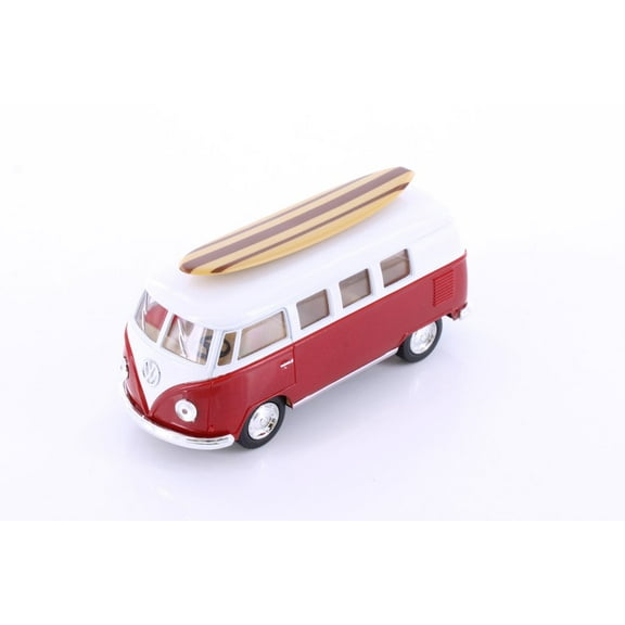 1962 Volkswagen Classic Bus w/ Surfboard, Red - Kinsmart 5060DS1 - 1/32 scale Diecast Car