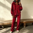 thumbnail image 6 of Szluipve 2 Piece Sets for Women Velour Tracksuit 2 Piece Outfits Hooded Henley Button Long Sleeve Top & Wide Leg Pants Casual Soft Loungewear Set with Pockets Red 2XL, 6 of 9
