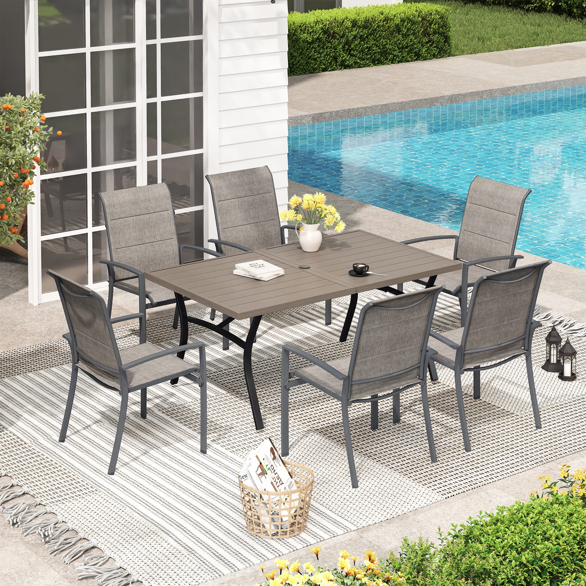 Vicllax Outdoor Patio Dining Chairs Stackable Padded Metal Frames with Textilene, Set of 6, Gray
