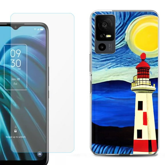 OneToughShield ® for TCL 40 XE 5G Shockproof Fashion Phone Case, with Tempered Glass Screen Protector - Starry Night Lighthouse