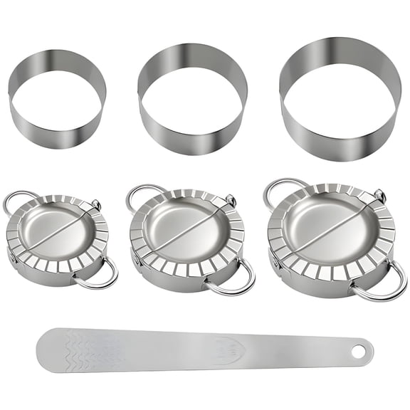 7 Pcs Dumpling Maker Set, Stainless Steel Dumpling Press, Includes 3 Sizes Dumpling Molds, Dough Cutters and Filling Spoon, Empanada Ravioli Maker for Kitchen Cooking