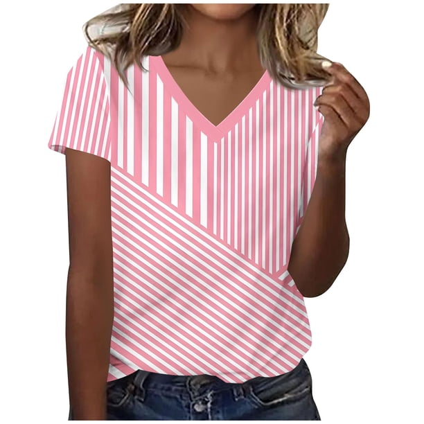 Camisetas Casuales de las Mujeres Impresas de Manga Corta con Cuello en V Blusa Cómoda para el Uso Diario Casual
