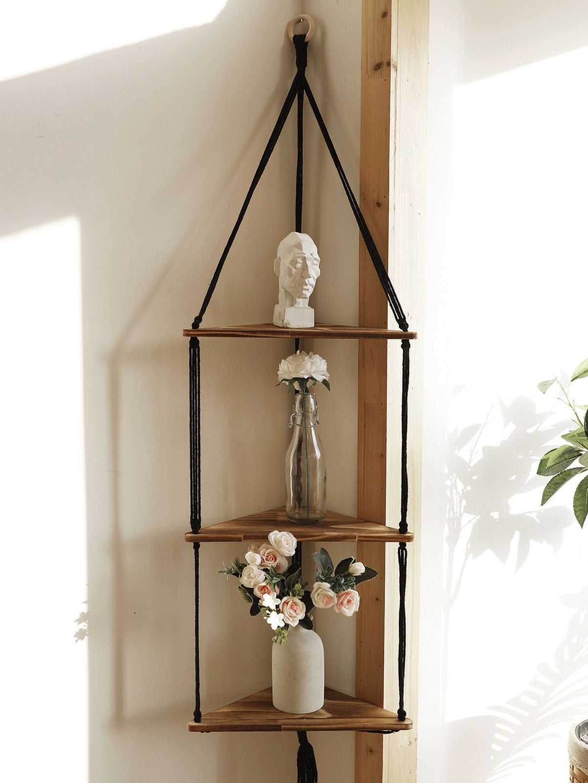 1/2/3-tier Floating Wall Shelf Wood Triangle Corner Display Stand Boho Home Decoration Living Room Bedroom Wall Hanging Decor