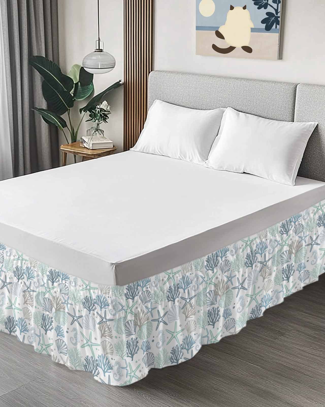 Aqua Teal Coastal Bed Skirt Cal King Size, Summer Beach Starfish Coral Nautical Wrap Around Bed Skirting with Adjustable Elastic Strap, Dust Ruffled Pleated Bedskirts 16 Inch Drop for Bedroom Beds