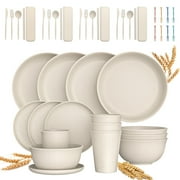 48 Pcs Wheat Straw Dinnerware Sets For 4, Unbreakable Dinnerware Sets, Reusable Wheat Straw Plates and Bowls Sets, Travel Camping Cutlery Set, Dishwasher Microwave Safe Dinnerware, Beige